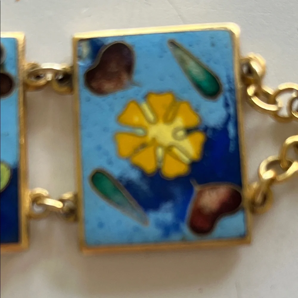 Vintage panel enamel cloisonné turquoise blue gold bracelet - Picture 10 of 17